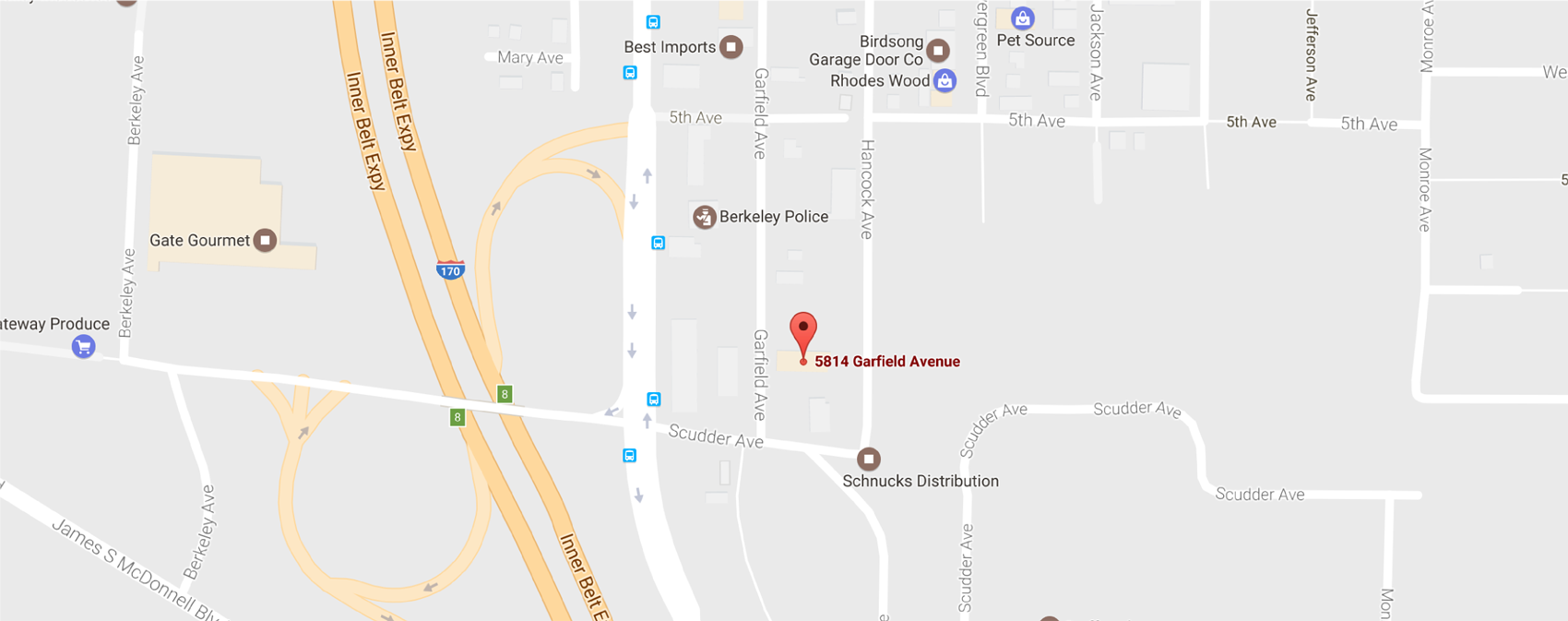 Map showing location of Ferguson Roofing headquarters