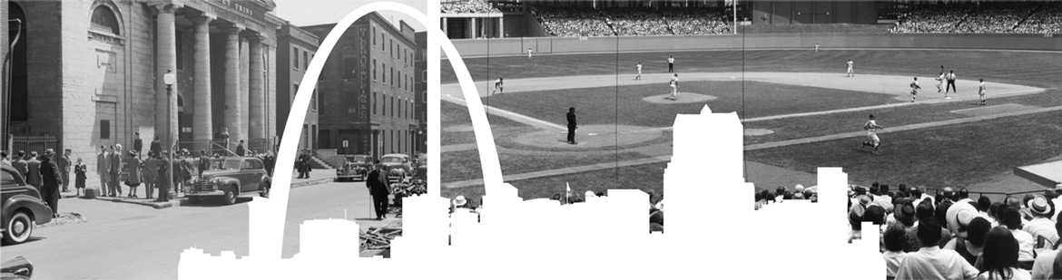 St. Louis Arch vector with old street and baseball stadium photos in background