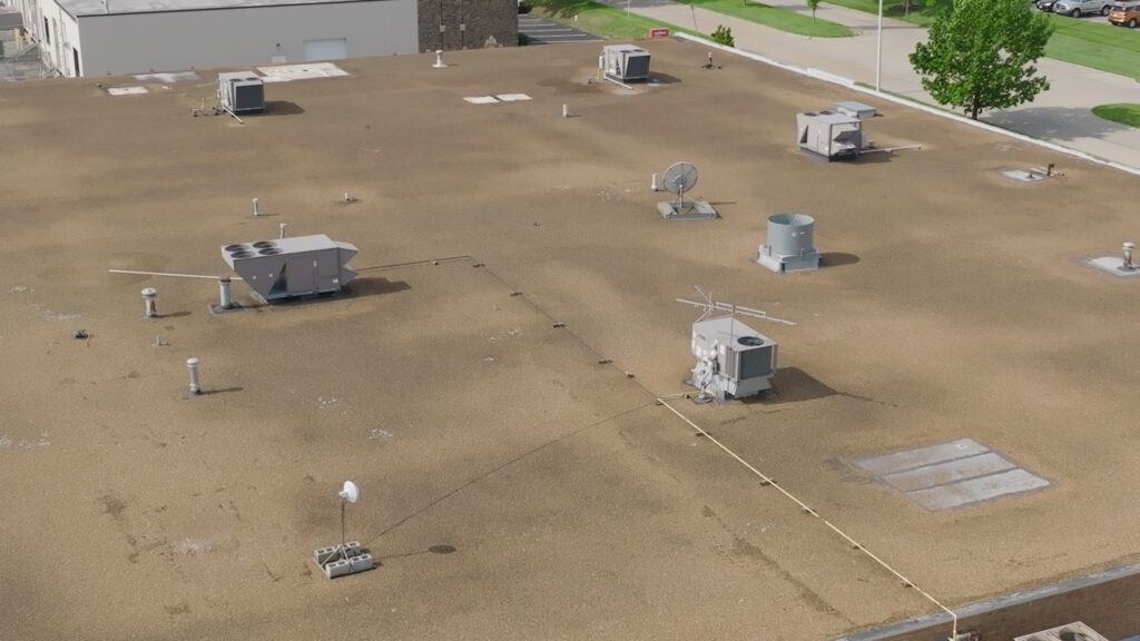 The roof of a warehouse building.